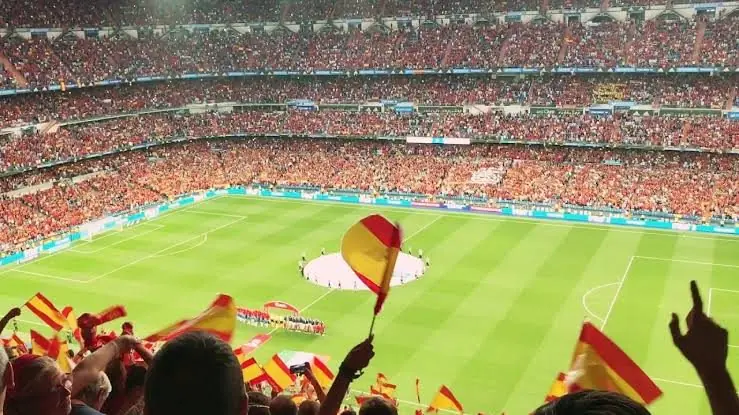 Fans waving flags in a full stadium