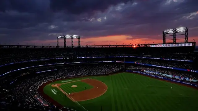Major League Baseball stadium at sunset
